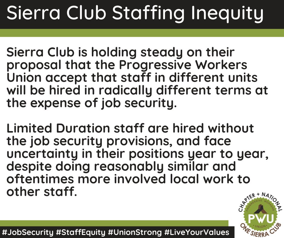 PWUnion1's tweet photo. .@PWUnion1 is 8 months into contract negotiations for @SierraClub Chapter staff and while we’ve made a lot of progress in a contract for staff that have been underpaid and under resourced for decades, Sierra Club is still opposed to several key items. #UnionStrong #1u https://t.co/dQd8ulIzdV