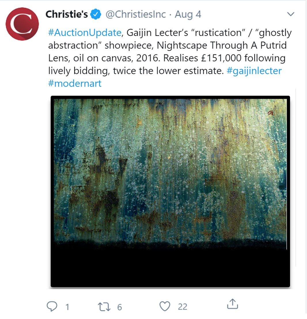 fluidp2p's tweet photo. Art market apparently rebounding - signs of a wider recovery, or alternative investment bubbles? #gaijinlecter #christies #artauction https://t.co/emp1Sitpwk