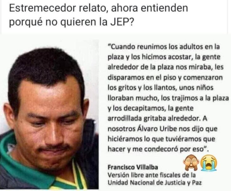ElQueLosDELATA's tweet photo. “Álvaro Uribe nos dijo que hiciéramos lo que tuviéramos que hacer y nos condecoró por eso”

Declaración de 
Francisco Villalba. https://t.co/PdGcChhNTL