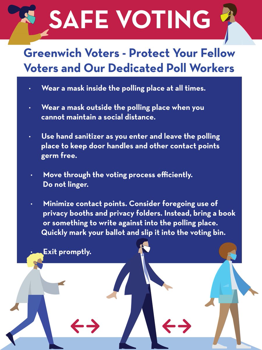 VOTE SAFELY AUG 11 in the Presidential Preference Primary in person at your polling place, or by absentee ballot. Ballot boxes are available 24/7 (1) outside Town Hall near the visitor parking lot under kiosk or (2) in the lobby of the police station. greenwichct.gov/vote