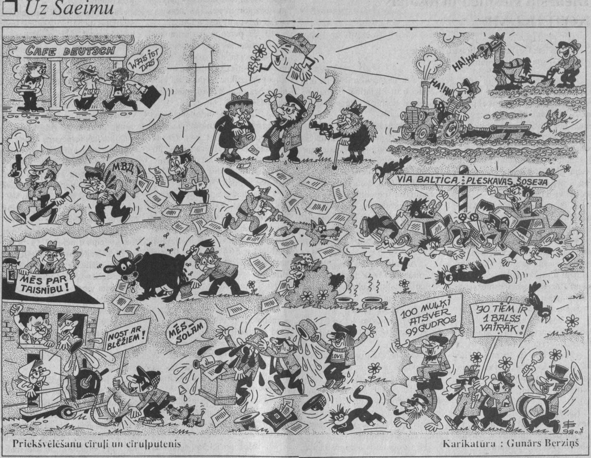 Priekšvēlēšanu cīņa 1993. gadā. © G. Bērziņš, "Latvijas Vēstnesis", 1993. gada 29. aprīlis. <a href="/KarikaturaLv/">Gatis Šļūka</a>