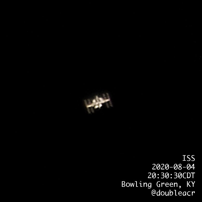 doubleacr's tweet photo. Clear skies Tuesday night for an 88° pass of the ISS.  15 shot stack for the ISS and ~30 for Jupiter and Saturn. #ISS https://t.co/d23WcFFcdv