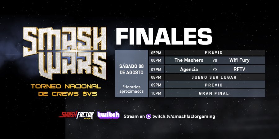 🚨SMASH WARS🚨
Aquí están los horarios de la final de este gran torneo. ¡No se lo pierdan el sábado a las 5 pm hora centro, por twitch.tv/smashfactorgam… 
⚠️Les pedimos a las cuatro crews estar presentes con todos sus intregrantes desde las 5 pm ⚠️