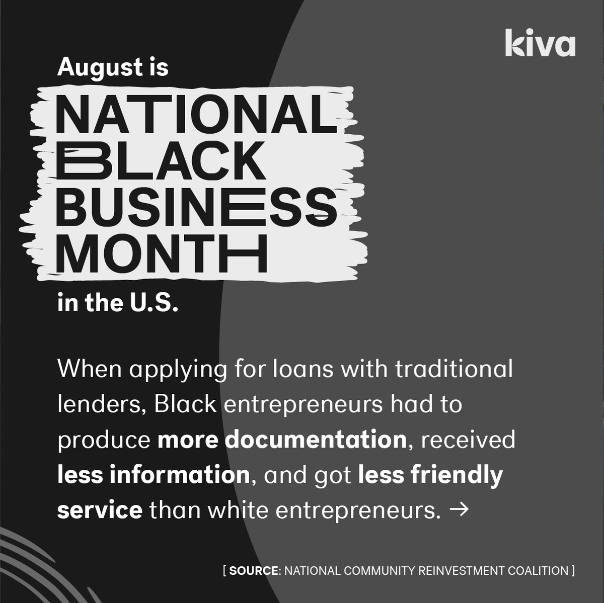 Kiva's tweet photo. We need to change how lending works for Black business owners.

Support Black business owners seeking loan funding from the Kiva community by joining Monthly Good. Sign up today at https://t.co/O4J84BpNzO.

#NationalBlackBusinessMonth #KivaCommunity https://t.co/nVVxlkXoOf