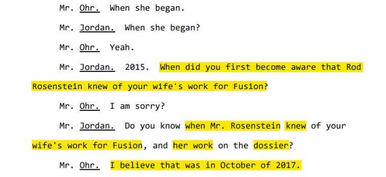 According to Ohr, Rosenstein became aware of his wife working for Fusion GPS in Oct 2017. The SC never interviewed Ohr, but an SC agent was assigned to him till Nov '17. Rosenstein falsely states Ohr was NEVER part of Trump-Russia