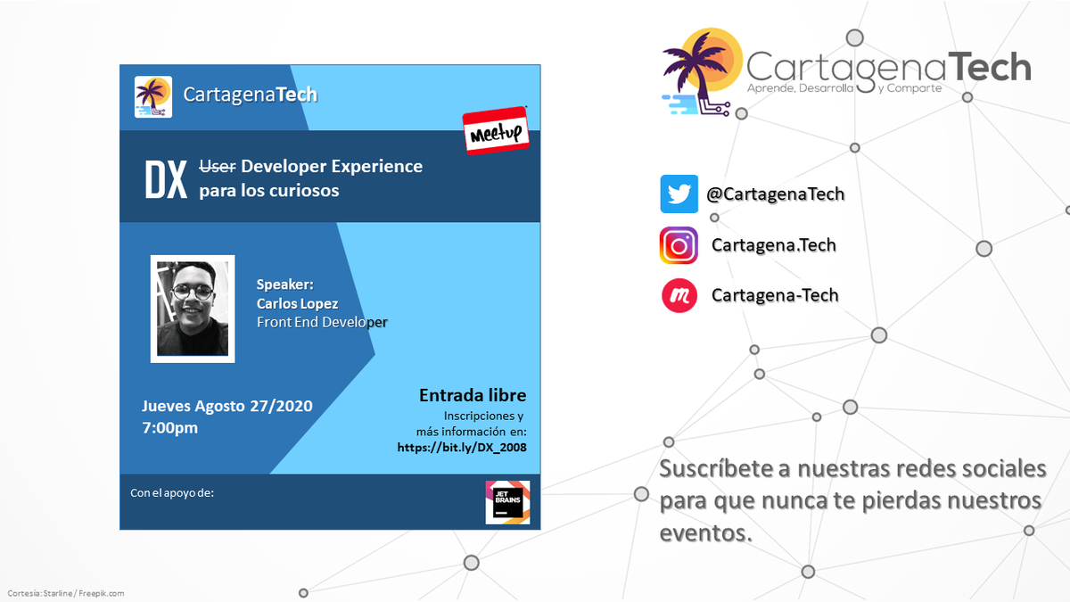 CartagenaTech's tweet photo. Hola a todos. Están cordialmente invitados a esta charla sobre DX (Developer Experience), donde se resolverán dudas sobre ¿para que sirve? y ¿por que es importante tenerlo presente para los programadores? La charla es virtual y el acceso es gratuito! #Cartagena #Tech #DX https://t.co/q6PZ9aGor3