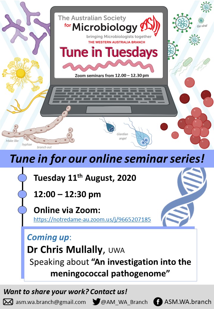 ASM_WA_Branch's tweet photo. Next week for #TuneInTuesday we are delighted to have Dr @mullally_chris speaking about the #meningococcal pathogenome 🧬

🗓️Add it to your calendar! https://t.co/NPc03cxpbm