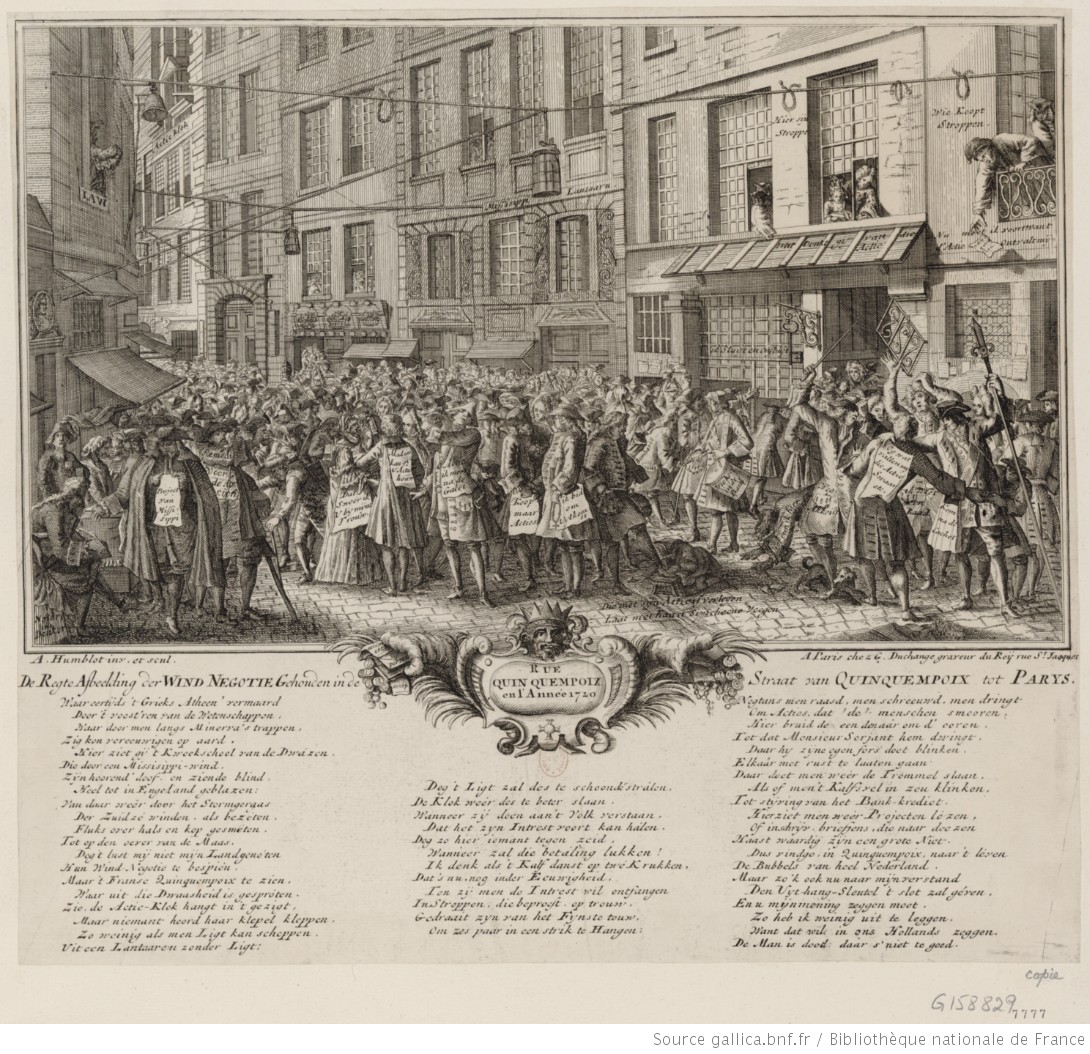 Nearly all depictions of the rue Quincampoix at the time of the Mississippi Scheme were satirical; so too of Quincampoix Inn/Coffeehouse in Amsterdam. Here are three fabulously detailed ones (also all  @GallicaBnF)