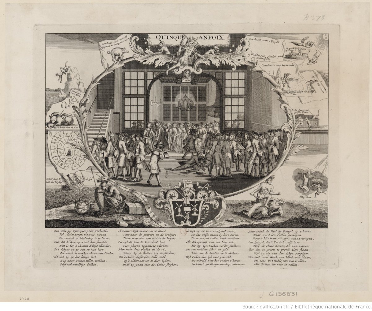 Nearly all depictions of the rue Quincampoix at the time of the Mississippi Scheme were satirical; so too of Quincampoix Inn/Coffeehouse in Amsterdam. Here are three fabulously detailed ones (also all  @GallicaBnF)