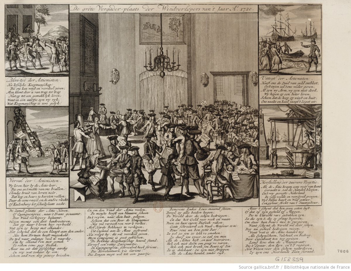 Nearly all depictions of the rue Quincampoix at the time of the Mississippi Scheme were satirical; so too of Quincampoix Inn/Coffeehouse in Amsterdam. Here are three fabulously detailed ones (also all  @GallicaBnF)