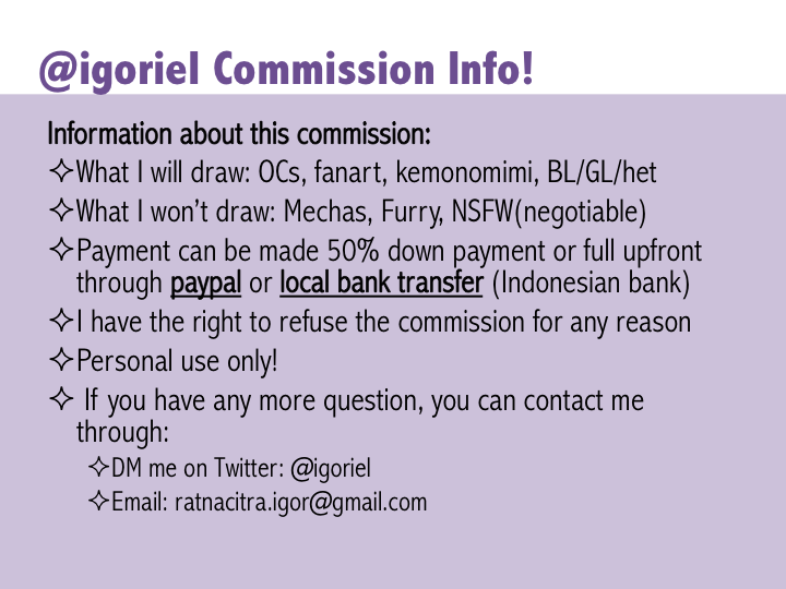 igoriel's tweet photo. [RT appreciated!]
I’m opening a commission! if you’re interested please fill this form: https://t.co/kGOyGglFTV
Thank you <3 https://t.co/OxfmoY6TLg