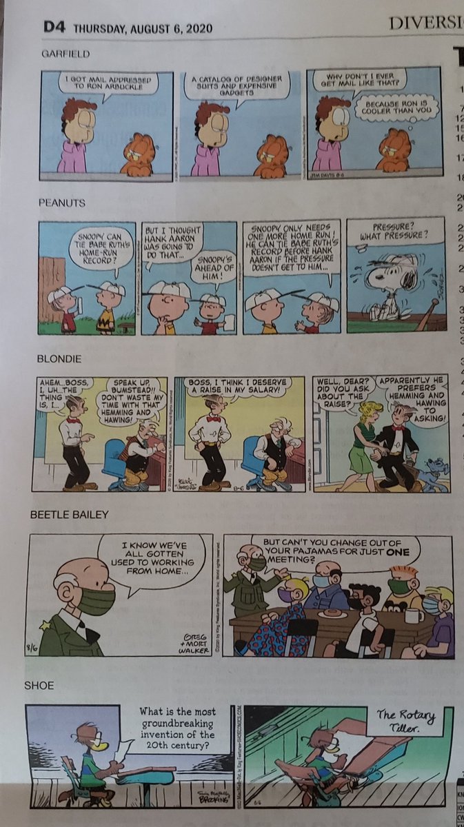 Beetle Bailey: the U.S. Army has apparently been working from home under COVID-19 and is now re-openingSally Forth: still fully engaged in 2020 reality. I have no doubt that lots of old people are writing angry letters as if this is 1970s DoonesburyMarmaduke: full of spreaders