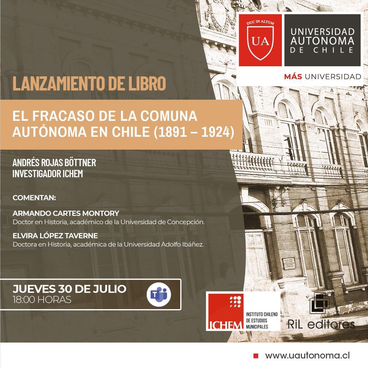 Republicanoscl's tweet photo. Hoy tenemos a @instituto_ichem en nuestro programa. Su investigador #AndresRojas nos contará su libro más reciente “El Fracaso de la comuna autónoma en Chile (1891-1924). Cuando?! 22:30 hrs en @AgriculturaFM !!! https://t.co/U6A0w23j3o