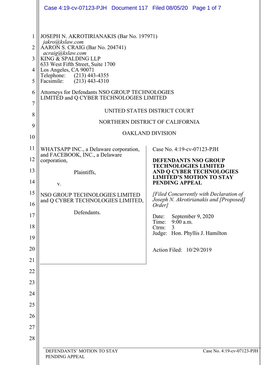 WhatsApp/Facebook & NSO/QTech akin to:Thanksgiving dinner when Mom & Dad have too much to drink & start screaming at each other. AwkwardNSO/QTech (finally) filed a Motion to Stay “all proceedings in this matter until the 9thCCOAs” renders a determination https://ecf.cand.uscourts.gov/doc1/035019571246?caseid=350613