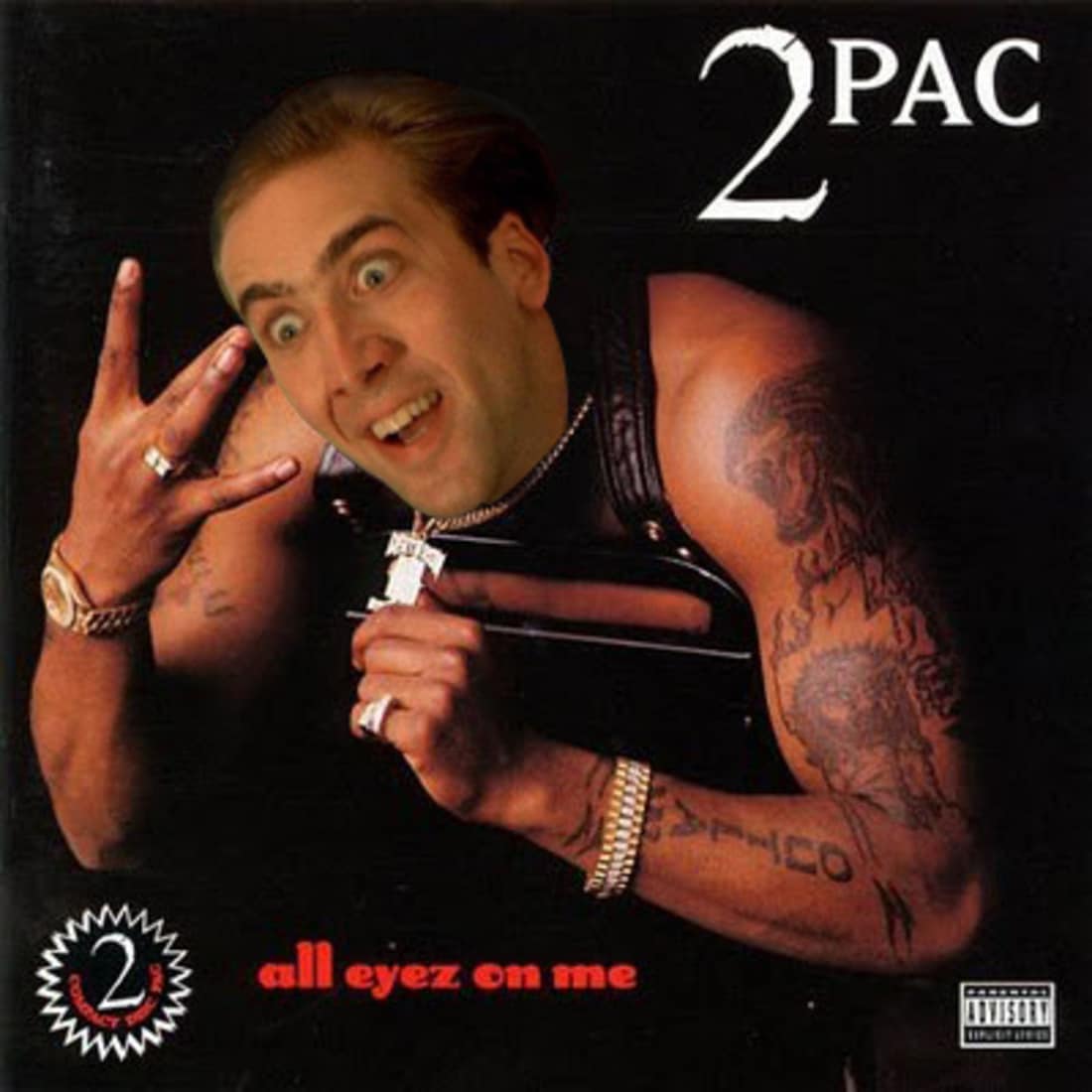 Someone poorly photoshopped Nick Cage's face onto a bunch of rap albums....a thread