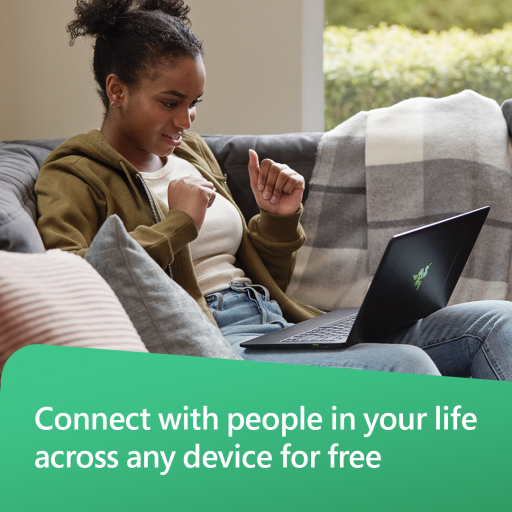 Image of a girl who looks very excited to be chatting with her family via skype. Image text across the bottom of the image says "connect with people in your life across any device for free