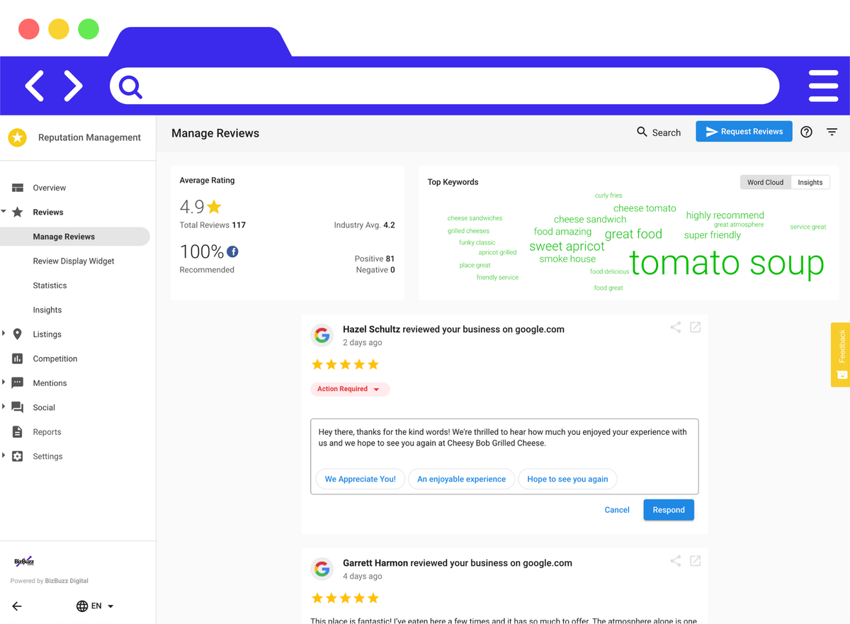 BizBuzzDigital_'s tweet photo. Need help with managing your brand reputation online?
-
Enter Reputation Management from BizBuzz Digital. This DIY tool helps you monitor online reviews of your products and services. 
-
Start your online reputation journey today: https://t.co/IWaphRcYml https://t.co/nRH4EIJEUS