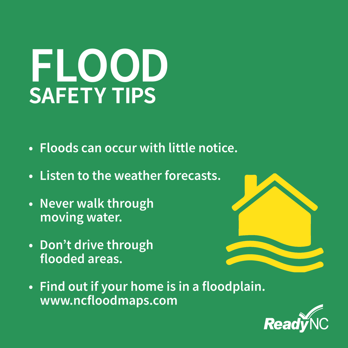NCEmergency's tweet photo. Flooding can happen anytime, anywhere, especially after long periods of heavy rain. If you live in an area prone to flooding or around lakes/rivers, make sure you can receive alerts if water levels rise in your area. Get more information at https://t.co/zylOQjZGGE. https://t.co/QuRpUKRwIy