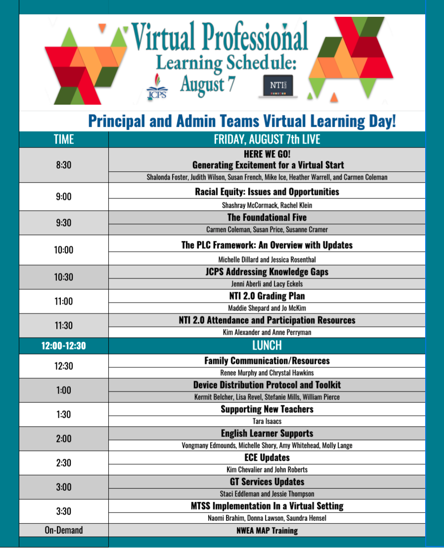 Here WE go! Tomorrow is our Principal and Admin Team Virtual Learning Day to ramp up for the new school year! Shout out to all of the remarkable presenters lined up to share and support. #WeAreJCPS YES.