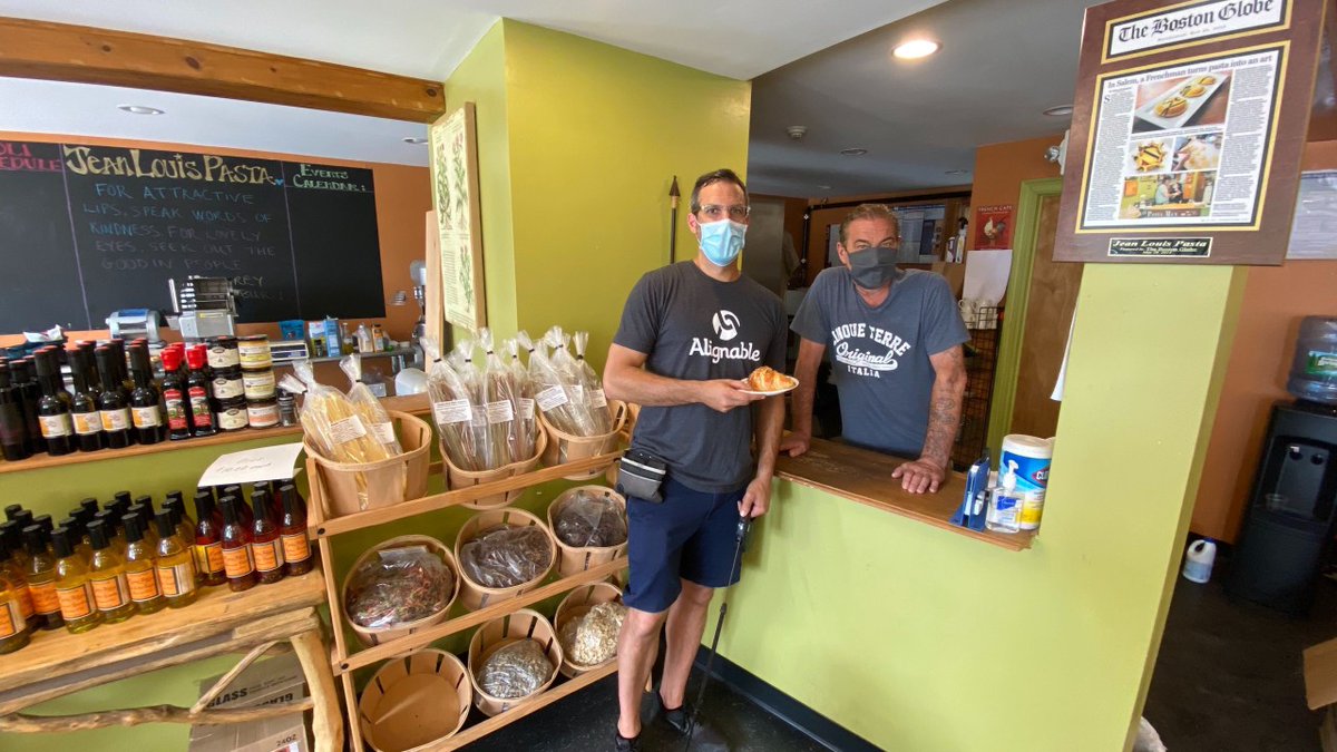 Alignable's tweet photo. Shop local! Here's Ryan Kelleher, our head of design, shopping at Jean Louis Pasta Shop in Salem MA. "Best croissant I've ever had."

#mymoneystayslocal https://t.co/xsldoXY5V3