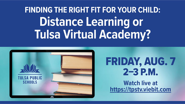 TulsaSchools's tweet photo. What's the difference between Tulsa Virtual Academy and distance learning? Join us at 2pm on Friday, Aug. 7 at https://t.co/yhPj2R8A1p to learn more and find the right fit for your child. If you miss the live-stream, we'll share the meeting video on Facebook on Saturday. https://t.co/UFfMZXoG8M