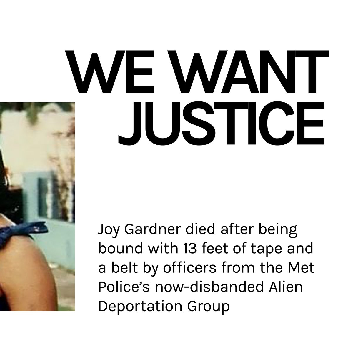 SayTheirName_io's tweet photo. SAY HER NAME: #JOYGARDNER: 

It has been 27 years since Joy Gardner, 40, died after being detained during a police immigration raid on her home. All officers involved were acquitted and there was no inquiry into her death despite tireless campaigns.

#BlackLivesMatter #SayHerName https://t.co/wuUPeI8uia