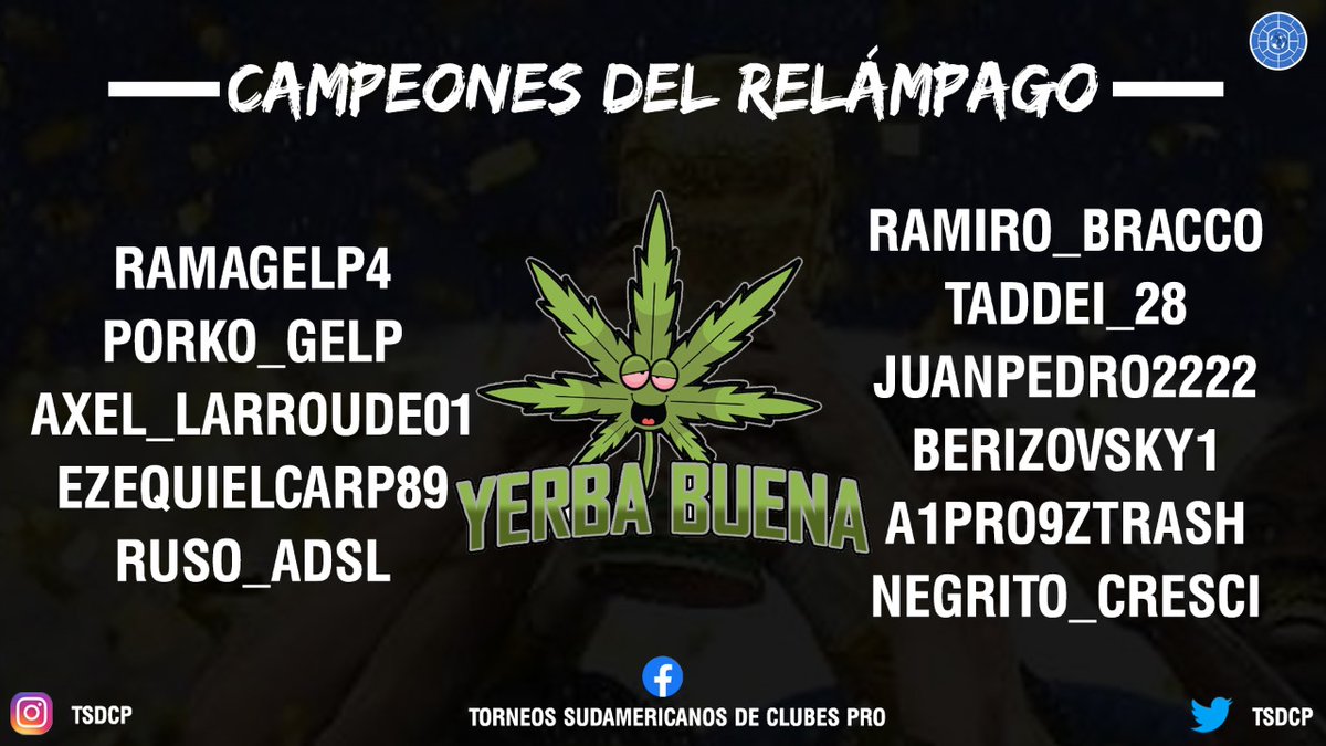 TSDCP's tweet photo. Queremos felicitar a @YerbaBuenaes por salir campeón 🏆🎖️ del relámpago TSDCP edición 27 del grupo normal
Campaña del campeón👇
7PJ: 6PG: 0PE: 1PP: 21GF: 10GC: +11DG
#juegoentsdcp
#torneorelampago
#tsdcp
#campeones https://t.co/dKOUdAVonU