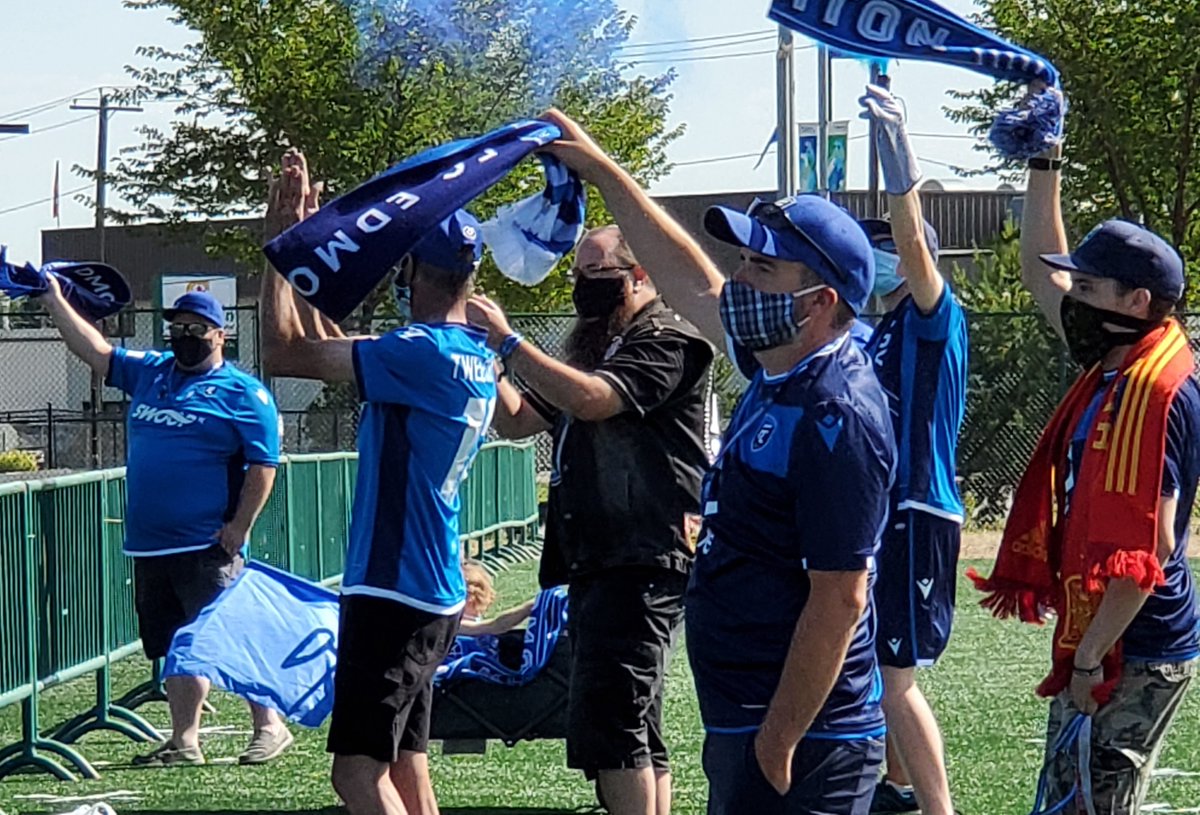 FCEdmontonNow's tweet photo. #TheIslandGames @FCEdmontonNow team send off with the @RVVanguard and the #SocialDistancingPolice! ๐คฃ ๐ฎ ๐๏ธ ๐
@CPLsoccer https://t.co/MKydbdD39t