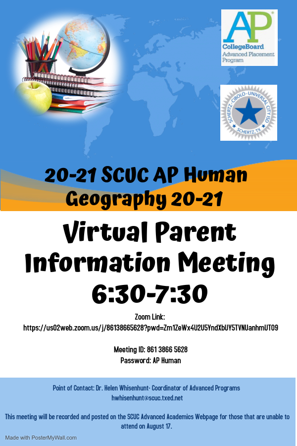 SCUC Advanced Academics will be hosting a parent informational meeting on August 17th for our 9th grade students enrolled in AP Human Geography! Look forward to "seeing" you on Zoom! <a href="/SCUCISD/">SchertzCiboloUC ISD</a>  <a href="/SamuelClemensHS/">Clemens High School</a> <a href="/Steele78108/">Steele High School</a>