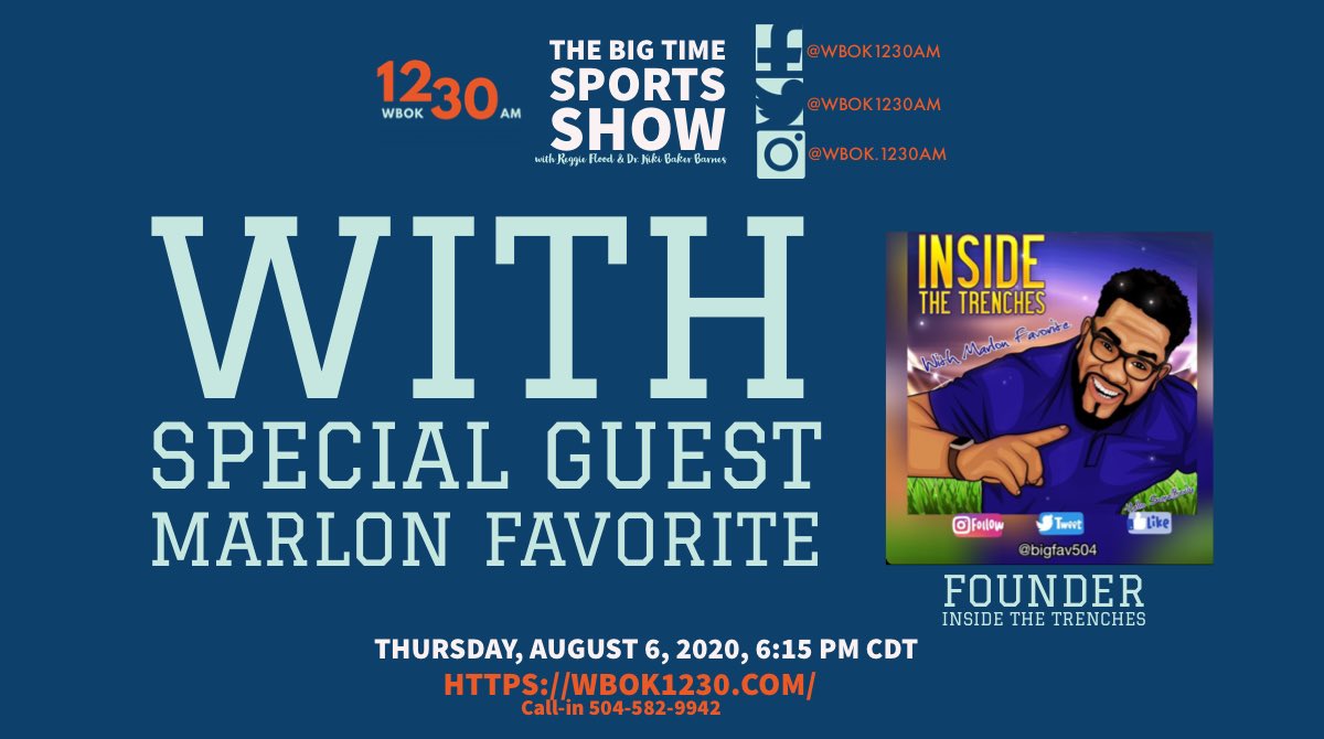 KikiBakerBarnes's tweet photo. Tune in to @wbok_1230 “The Big Time Sports Show” at 6:15 pm today as we talk to my friend, on-air personality & former @Nfl & @lsufootball athlete Marlon Favorite @bigfav504 We will discuss impact of NFL COVID-19 plans & his new ventures. Join us https://t.co/1GebEVzmJL #wbok https://t.co/oe0lTeMbvM