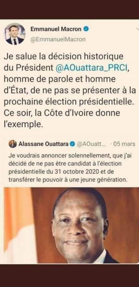 ChidiOdinkalu's tweet photo. On 3 Mar, @AOuattara_PRCI announced that he'll not present himself for a #ThirdTerm in Côte d'Ivoire. He was hailed around the world by many including @EmmanuelMacron
Now, President Ouattara has discovered that he is his country's #IndispensableMan
The country prepares for war https://t.co/dOU8RaViJY
