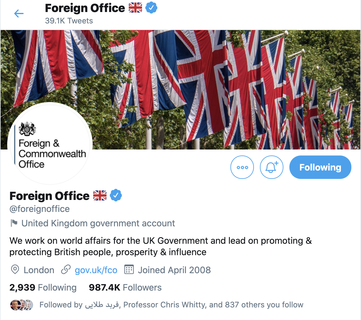 A few more interesting examples of how Twitter is applying the labels in relation to official government accounts. The State Department has been labelled, but the Pentagon has not. The UK Foreign Office has got a label, but the Ministry of Defence has not