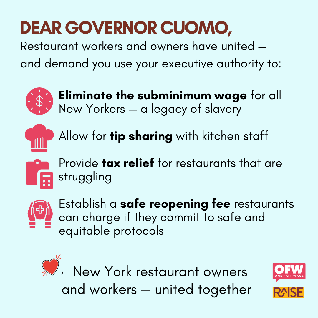 Dear <a href="/NYGovCuomo/">Archive: Governor Andrew Cuomo</a>,
Last year you signed #OneFairWage for every industry but the restaurant industry. This year, we've been 1 of the hardest hit by an unprecedented pandemic. 

We have come together, UNITED FOR A SAFE AND JUST REOPENING. 

It's time.

Signed,
[THREAD]