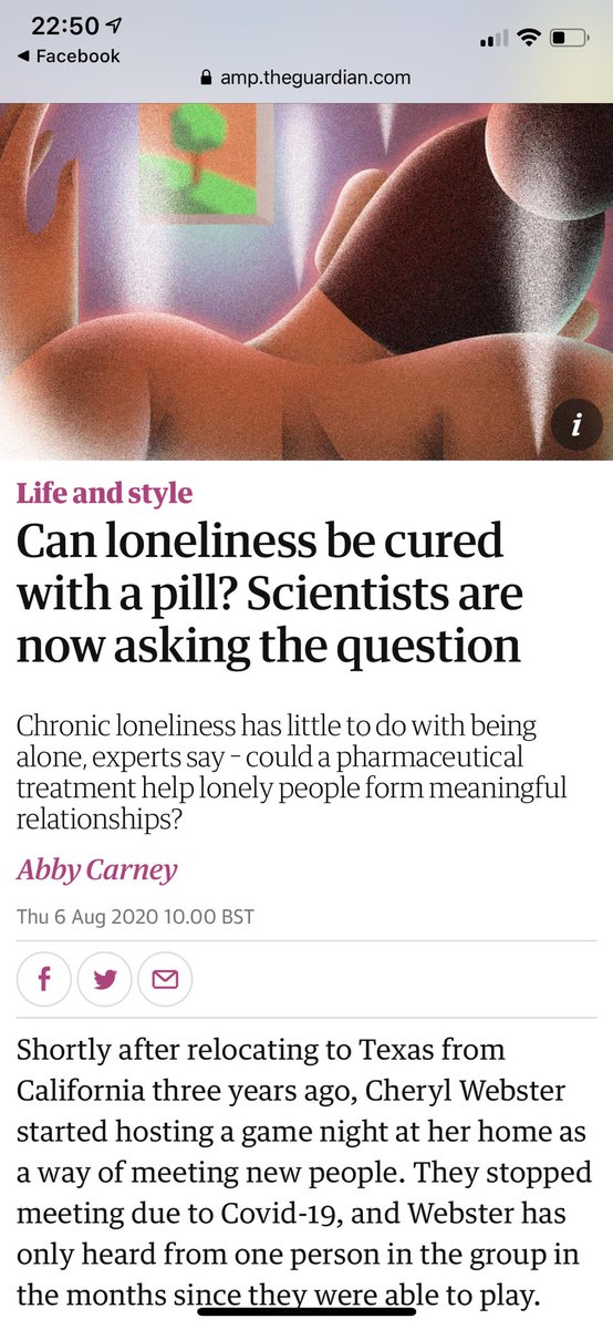 LucyJR_'s tweet photo. I saw this headline and it made my heart sink. I’m spending a lot of my time talking to people about loneliness right now for my thesis interviews. A pill to “turn off” those feelings isn’t the answer https://t.co/iwsngNkq2J