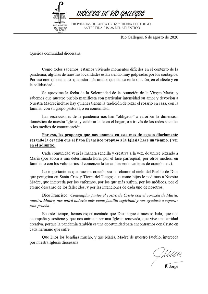 DiocesisRGL's tweet photo. 🙌 Compartimos la carta del P. Obispo Jorge, nos invita a unirnos en oración ante la situación tan difícil que estamos viviendo, con la "Oración a María" que el Papa Francisco propuso a la Iglesia hace un tiempo, en cercanía a la Fiesta de la Asunción de la Virgen María 🙏  🤗 https://t.co/gLouorB5R9