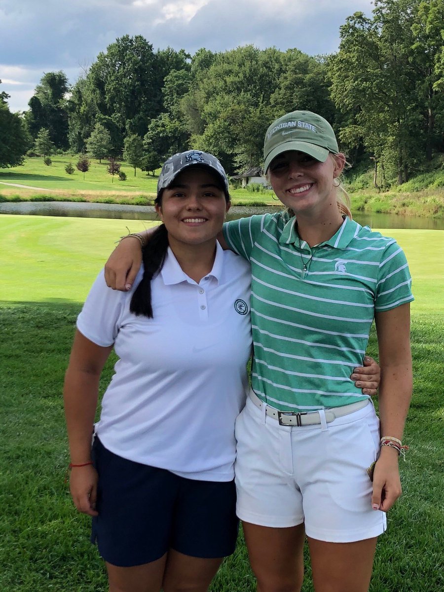 MSU_WGolf's tweet photo. It’s not every day you get to play your teammate at the #USWomensAm! Well done ladies! Valery Plata edged Haylin Harris 3&amp;1 to move on to the round of 32. https://t.co/t3J5uFVGRK