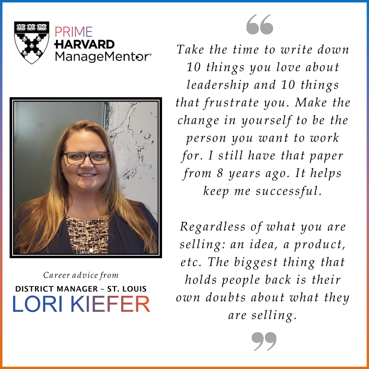 Daniel Craig (@thedcraig) on Twitter photo It's my pleasure to introduce #PrimeHarvardManageMentor leader:
<a href="/LoriLKiefer/">Lori Kiefer</a> - District Manager - St. Louis
at <a href="/PrimeComms/">Prime</a>. #LifeAtPrime
<a href="/AkbarPRIME1/">Akbar M</a> <a href="/derekels/">Derek Elsrod</a> <a href="/MickeyRuggeri/">Mickey Ruggeri</a> It's my pleasure to introduce #PrimeHarvardManageMentor leader:
<a href="/LoriLKiefer/">Lori Kiefer</a> - District Manager - St. Louis
at <a href="/PrimeComms/">Prime</a>. #LifeAtPrime
<a href="/AkbarPRIME1/">Akbar M</a> <a href="/derekels/">Derek Elsrod</a> <a href="/MickeyRuggeri/">Mickey Ruggeri</a>