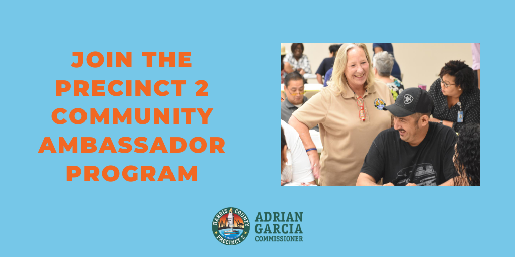 HarrisCoPct2's tweet photo. ✨JOIN THE PRECINCT 2 COMMUNITY AMBASSADOR PROGRAM✨ You will benefit from direct communication with a #HarrisCountyPct2 representative assigned to your area. 🌐For more info, visit https://t.co/8CNwnH1qbv. #Pct2Engage #Pct2Empower #Pct2Ambassador https://t.co/9vzdg65oFU
