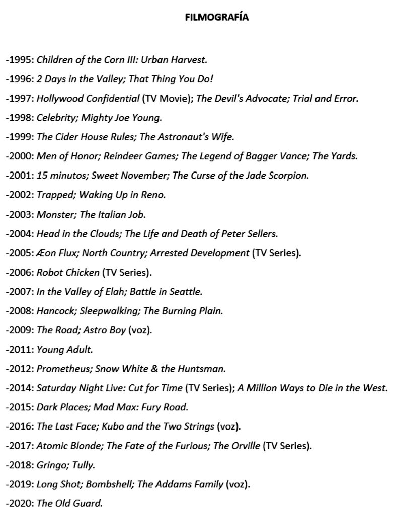 Por su actuación como Megyn Kelly en esta última película, recibió su tercera nominación al Óscar.En 2020 apareció en la película de acción “The Old Guard”.FILMOGRAFÍA.(Ver imagen adjunta)