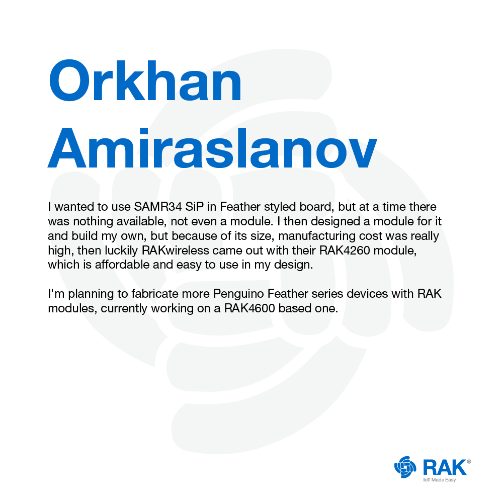 RAKwireless's tweet photo. What fine feathers!

Look at how Orkhan Amiraslanov reduced costs by integrating our easy-to-use #RAK4260 #LPWAN Module to a Penguino Feather board.

Do you want this entry to win? Like, share, and reply to this post to show your support! #ROYR #IoT4Good #RAKwireless https://t.co/w4zBLlhzbh