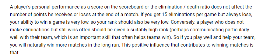 Pengu's tweet photo. I never got around to reading the MMR post from Ubi until today: and this one line caught my eye "player who does not make eliminations but still wins often should be given a suitably high rank" "perhaps coms"? its a measurement which you CANNOT make. if youre bad youre bad. https://t.co/ULvhxJUMsg