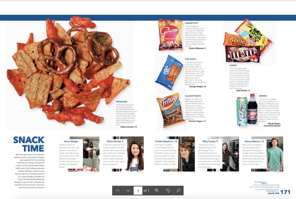 We love this yearbook spread as much as we love snacks! It doesn't require photos that are taken in a school, but still tells the story of being a teen right now. Well done, Highland Park High School [TX]!