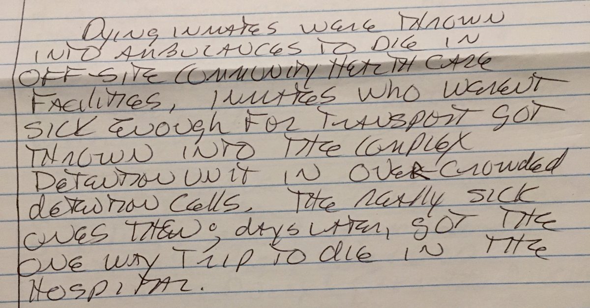Florence: "Dying inmates were thrown into ambulances to die in off-site community health care facilities. Inmates who weren't sick enough for transport got thrown in over-crowded detention cells. The really sick ones then, days later, got the one way trip to die in the hospital"