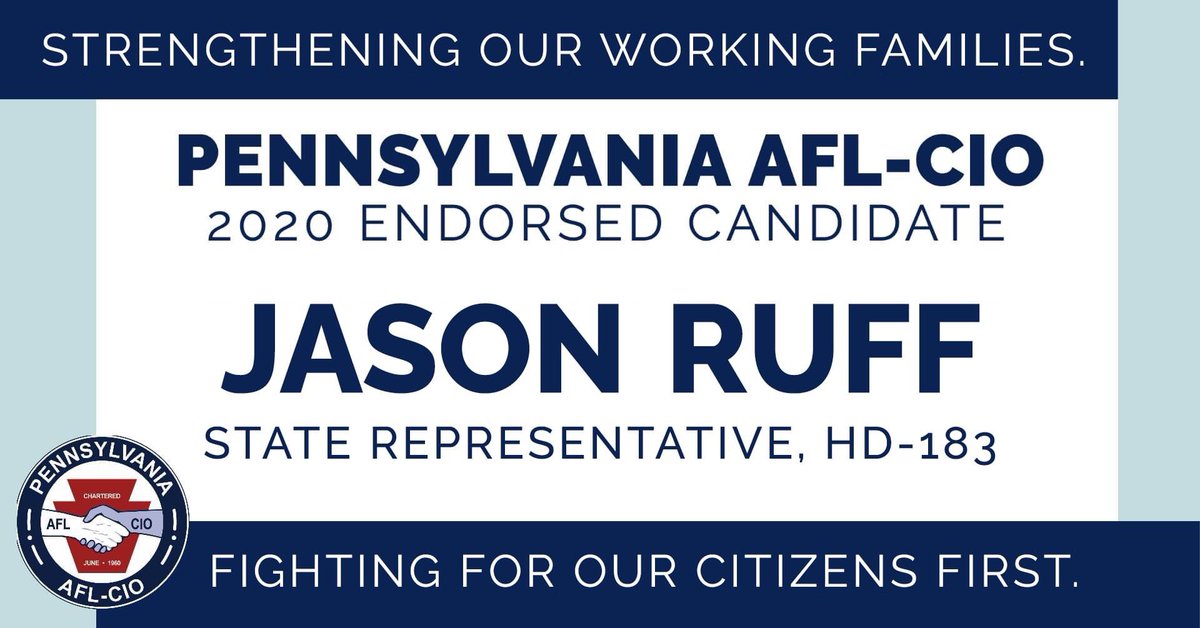 VoteJasonRuff's tweet image. I am proud to have the PA AFL-CIO Endorsement. There are many important commitments in my Citizens First platform for State Rep, and fighting for thriving families, strengthening our hardworking, middle-class, and creating/protecting jobs are some of the most important!
