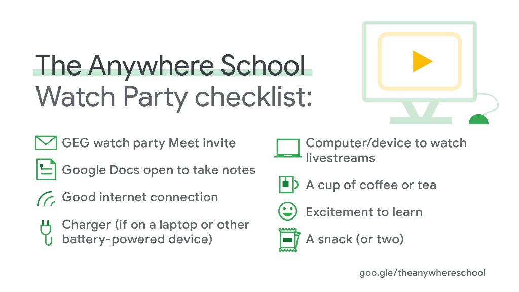 GoogleForEdu's tweet photo. Get ready for The Anywhere School, our virtual event with global sessions! On August 11-12, learn from experts on how to engage students and get the most out of your #GoogleEdu tools. Check out the watch party checklist ↓ &amp; register here: https://t.co/gdUtbvqyjq https://t.co/EBpsawcGhI