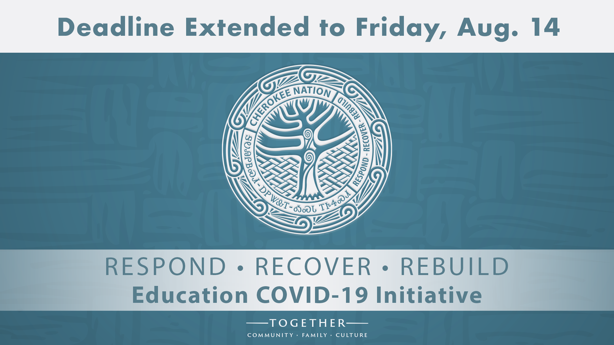 CherokeeNation's tweet photo. ‼️Attention: Cherokee Nation is extending its deadline for its Respond, Recover, Rebuild Education Initiative, to give more parents time to apply! The deadline has been extended from Aug. 7 to now Friday, Aug. 14.

Learn more about this extension⬇️⬇️⬇️ 
https://t.co/pcFKUPxWrk https://t.co/7WpLmSi9lF