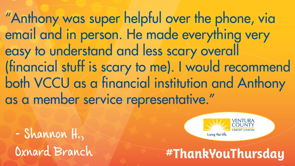 myvccu's tweet photo. If financial stuff seems a bit scary 😱, we're here to help you tackle your fears. #ThankYouThursday to Anthony at our #Oxnard branch for assisting our members every step of the way. 👏 #MyVCCU #TYT #CUawareness @CUNA https://t.co/UCCrAX9w5M
