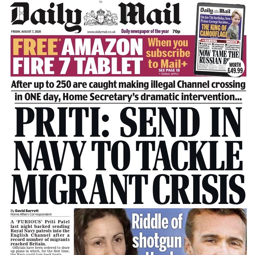 7. And so it continues! Tomorrow’s  @DailyMailUK front page.Priti Patel: Send in navy to tackle migrant crisis“A furious  @pritipatel backed sending the Royal Navy into the Channel after a record number of migrants reached Britain.” (250 arrived in UK yesterday).