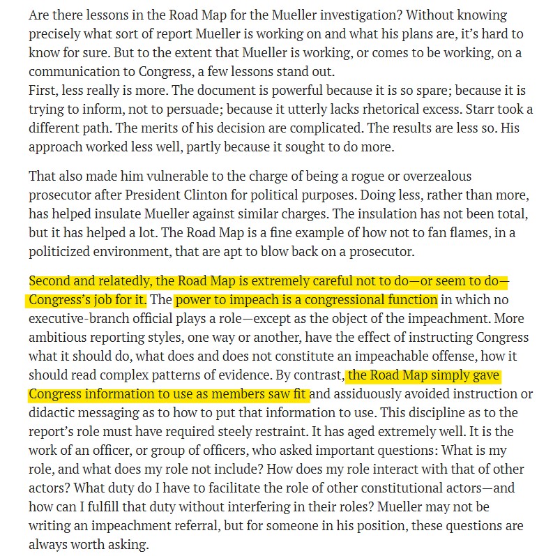 Volume II of the Mueller Report was basically a "road map" for Congress to bring impeachment charges against the President and for the ability to charge him after he leaves office. The road map was based on a plan developed by Leon Jaworski in the Watergate scandal