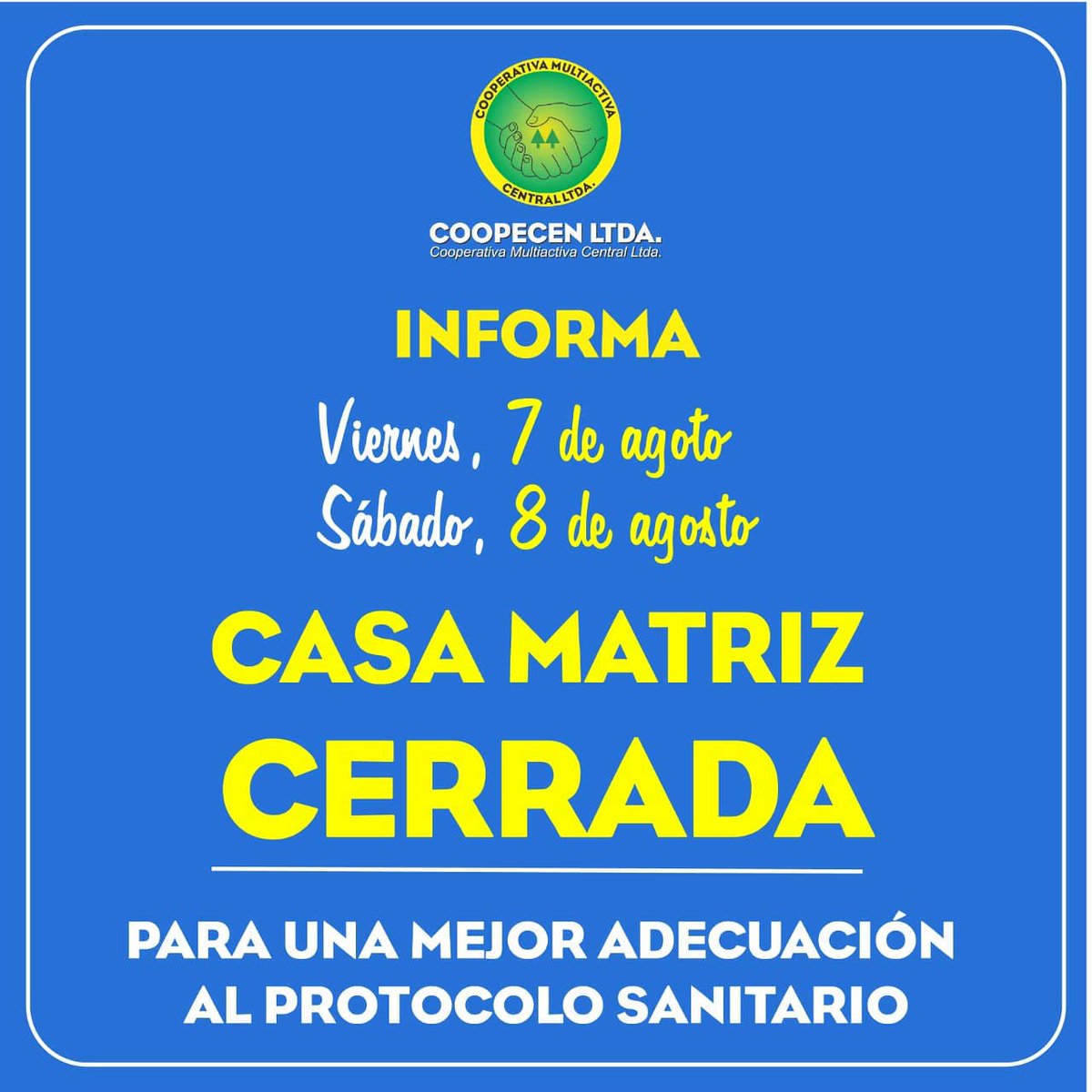 Coopecen's tweet photo. Informamos que los próximos días, nuestra casa matriz y la sucursal Parque  Caballero, permanecerán cerradas. https://t.co/efvEe3CLut